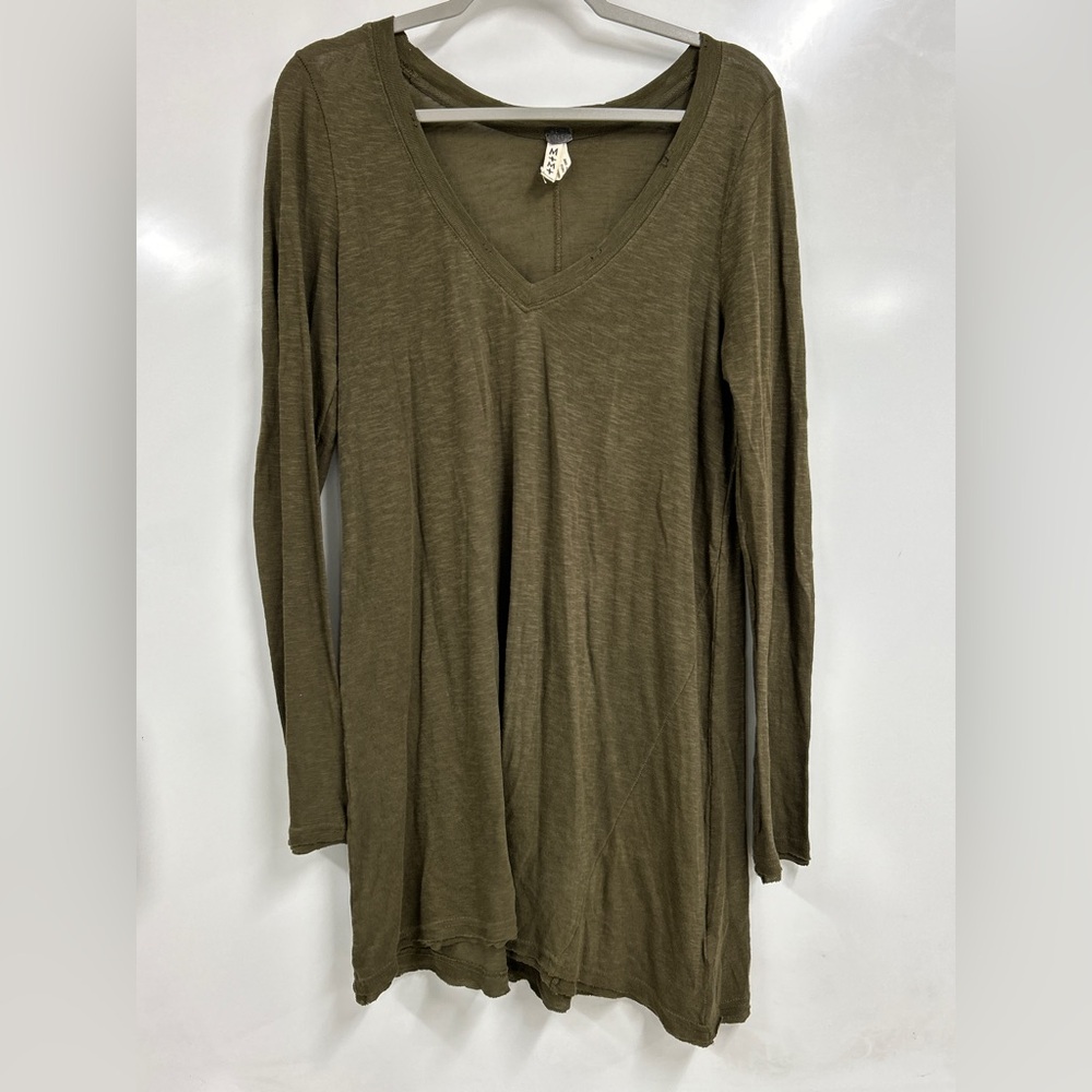 Free People Olive Green Tunic Top Medium Boho Slouchy V Neck Oversized Casual